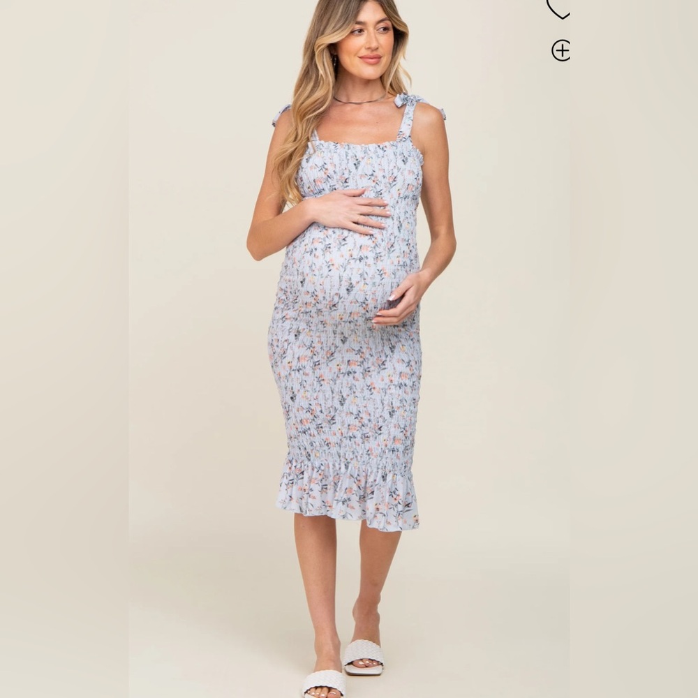 Light Blue Floral Smocked Fitted Maternity Dress